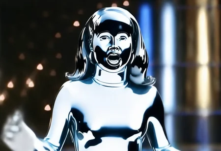 chrome statue of power ranger Aisha, straight chrome hair, chrome hairband, fringe, alone, helmetless, chrome catsuit, chrome turtleneck collar, chrome gloves belt, worried facial expression, gasping, entirely made of chrome, command centre, hyperdetailed photography