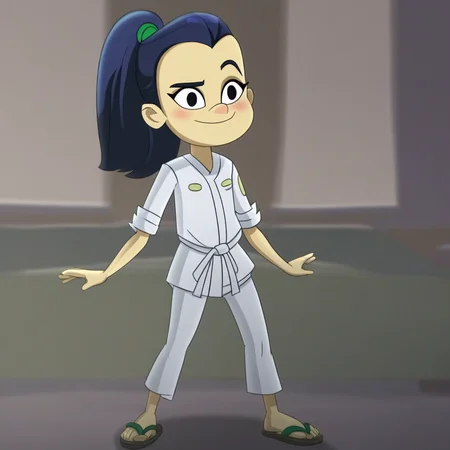 in a bedroom, smile, Lexi_GT, standing, white karate belt, sandals, dark blue hair, green hair band, ponytail, expressive eyes, Score_9, 1girl, black eyes, black eyebrows, full body, solo, Blushing