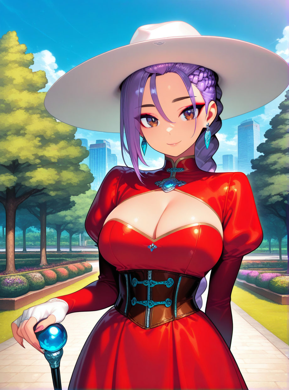 (masterpiece), (best quality), rumi \(kpop demon hunters\), (Rumi_KDH), (anime screencap), 1girl, solo, (looking at viewer), (accurate style), huge natural breasts, body markings, braid, braided ponytail, chain, long hair, purple hair, braided hair, brown eyes, tall, earrings, fingernails, jewelry, long fingernails, makeup, mascara, dynamic pose, cowboy shot, smiling, elegant, outdoors, city, tree, <lora:RumiKpopDemonHuntersillusApexAi:1>. closed mouth, light smile, hair between eyes, eyes visible through hair, french braid, very long hair, sun hat, white headwear, collarbone, cleavage cutout, red dress, blue gemstone, juliet sleeves, heart, white gloves, brown corset, long dress, hand on hilt, cane, standing, cowboy shot, garden, blue sky, path.