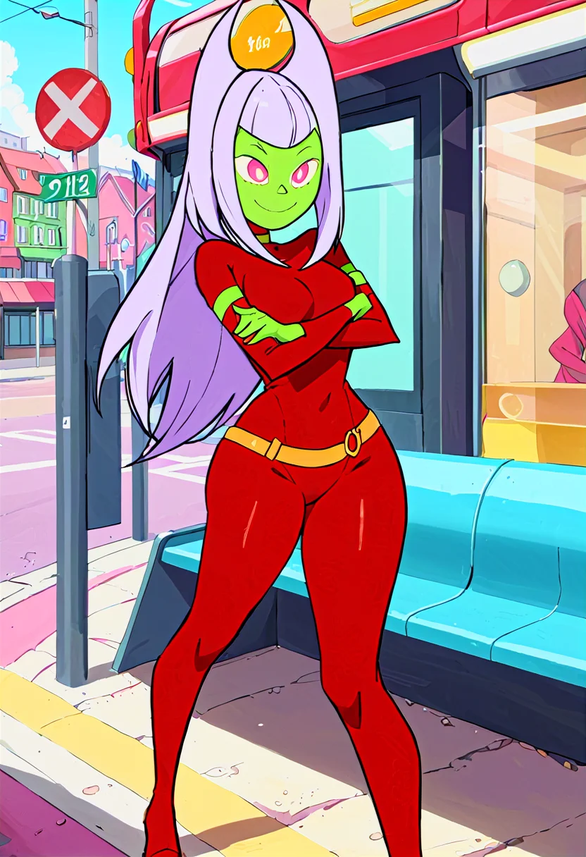 <lora:TwelveForever_ButtWitch_XL:0.9>, butt witch \(regular\), crossed arms, smile, twelve forever, 1girl, solo, colored skin, red bodysuit, bus stop, masterpiece, best quality