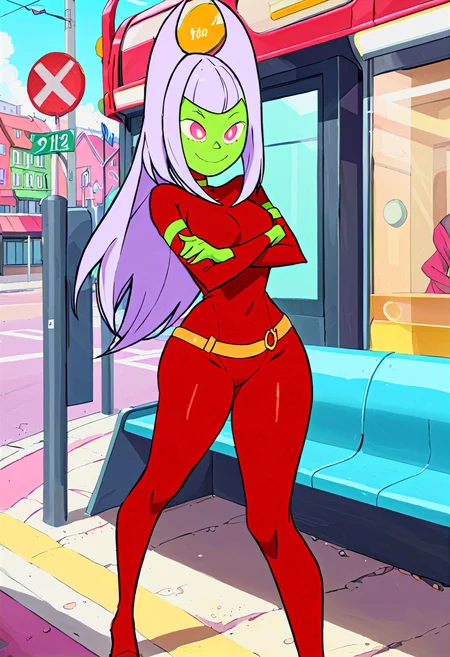 <lora:TwelveForever_ButtWitch_XL:0.9>, butt witch \(regular\), crossed arms, smile, twelve forever, 1girl, solo, colored skin, red bodysuit, bus stop, masterpiece, best quality