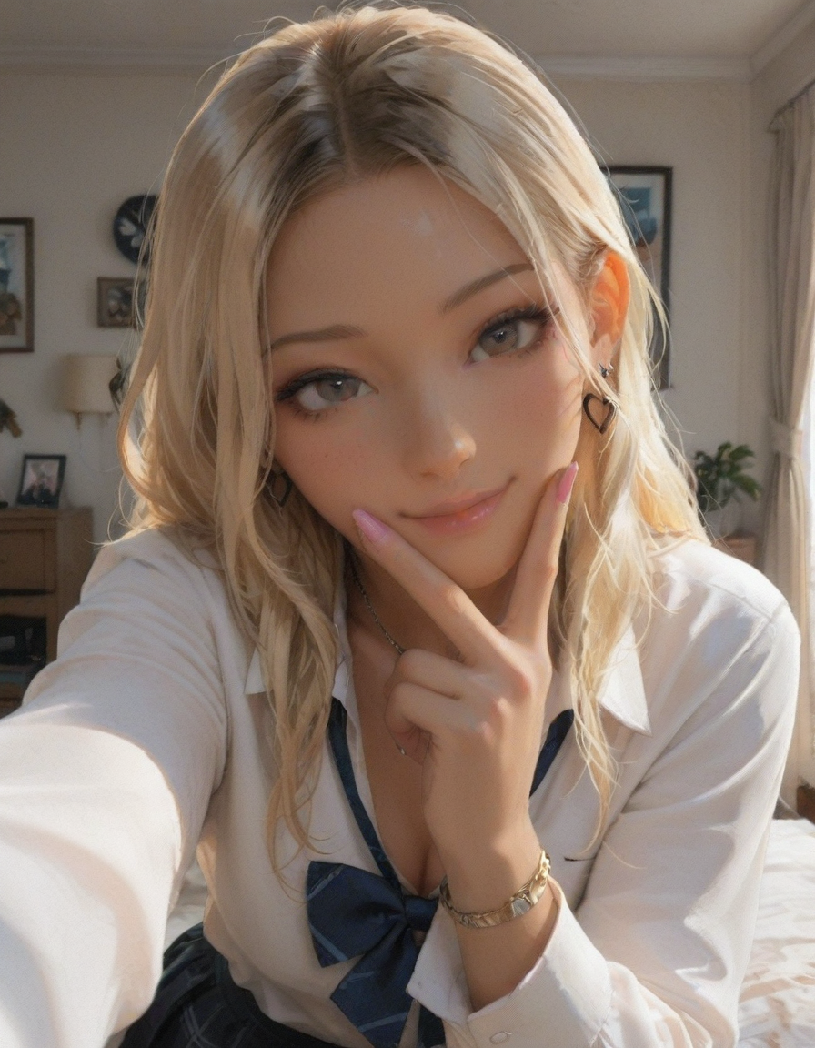 (embedding:IllusP0s:1.2), 1girl, gyaru, smile, bedroom, selfie, v, hand over mouth, Delicate depiction, scenery, detailed background, Impressive, beautiful, fascinating, attractive, fine detail, perfect, sharp focus, professional, expressive, extremely complex, stunning, fantastic, marvelous, excellent composition, amazing atmosphere, sharp details, flawless, masterpiece, best quality, very aesthetic, absurdres, newest, safe, perfect anatomy, high quality, intricate delicate, pristine, detailed, ultra-detailed, highly detailed, intricate details, scenic, Ultra-high resolution, perfect anatomy, 8K, HDR, atnr, feminine, female anatomy