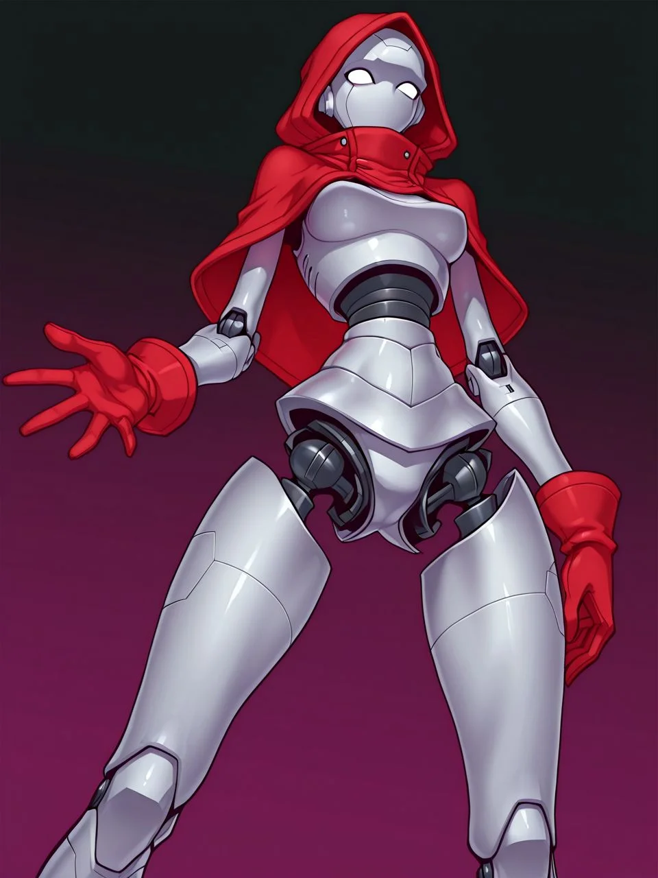 IllusP0s, maroon background, black background, gradient background, <lora:Rule_of_Thirds_Composition:1> rule of thirds, from below, (three-quarter view:1.2), foreshortening, <lora:q10_ILXL:1> (q10:1.3), flat color, BREAK,
standing, legs apart, cowboy shot, looking at viewer, solo, <lora:gretel2TS_ILXL:0.8> gretel2, robot, robot joints, no nose, no mouth, bald, chrome skin, blank eyes, red capelet, hood, red gloves,
