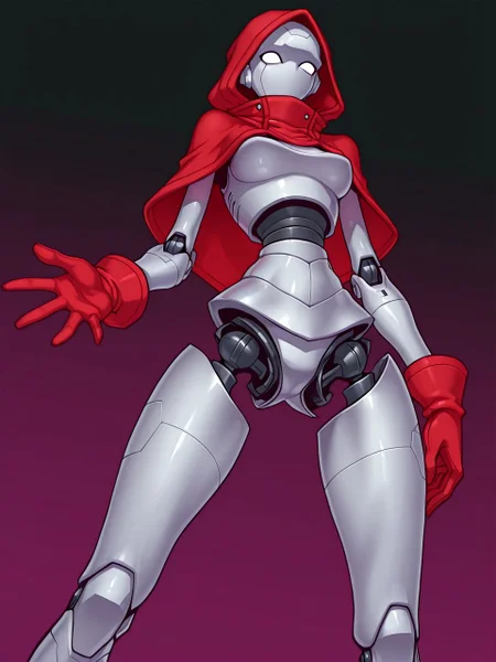 IllusP0s, maroon background, black background, gradient background, <lora:Rule_of_Thirds_Composition:1> rule of thirds, from below, (three-quarter view:1.2), foreshortening, <lora:q10_ILXL:1> (q10:1.3), flat color, BREAK,
standing, legs apart, cowboy shot, looking at viewer, solo, <lora:gretel2TS_ILXL:0.8> gretel2, robot, robot joints, no nose, no mouth, bald, chrome skin, blank eyes, red capelet, hood, red gloves,