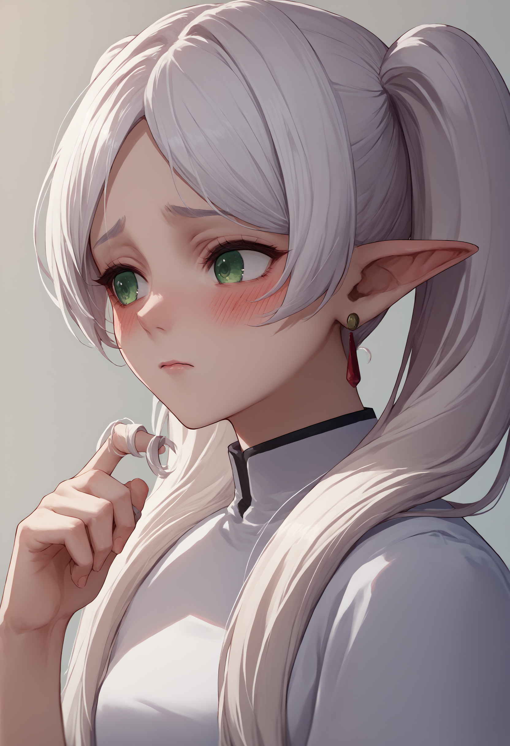 score_9, score_8_up, score_7_up, source_anime, 1girl, twirling hair, <lora:TwirlingHair_XLPD:1.2>, <lora:ChamFrierenPonyXL:0.8> Frieren, green eyes, white hair, long hair, twintails, earrings, upper body, shirt, blush, shy,