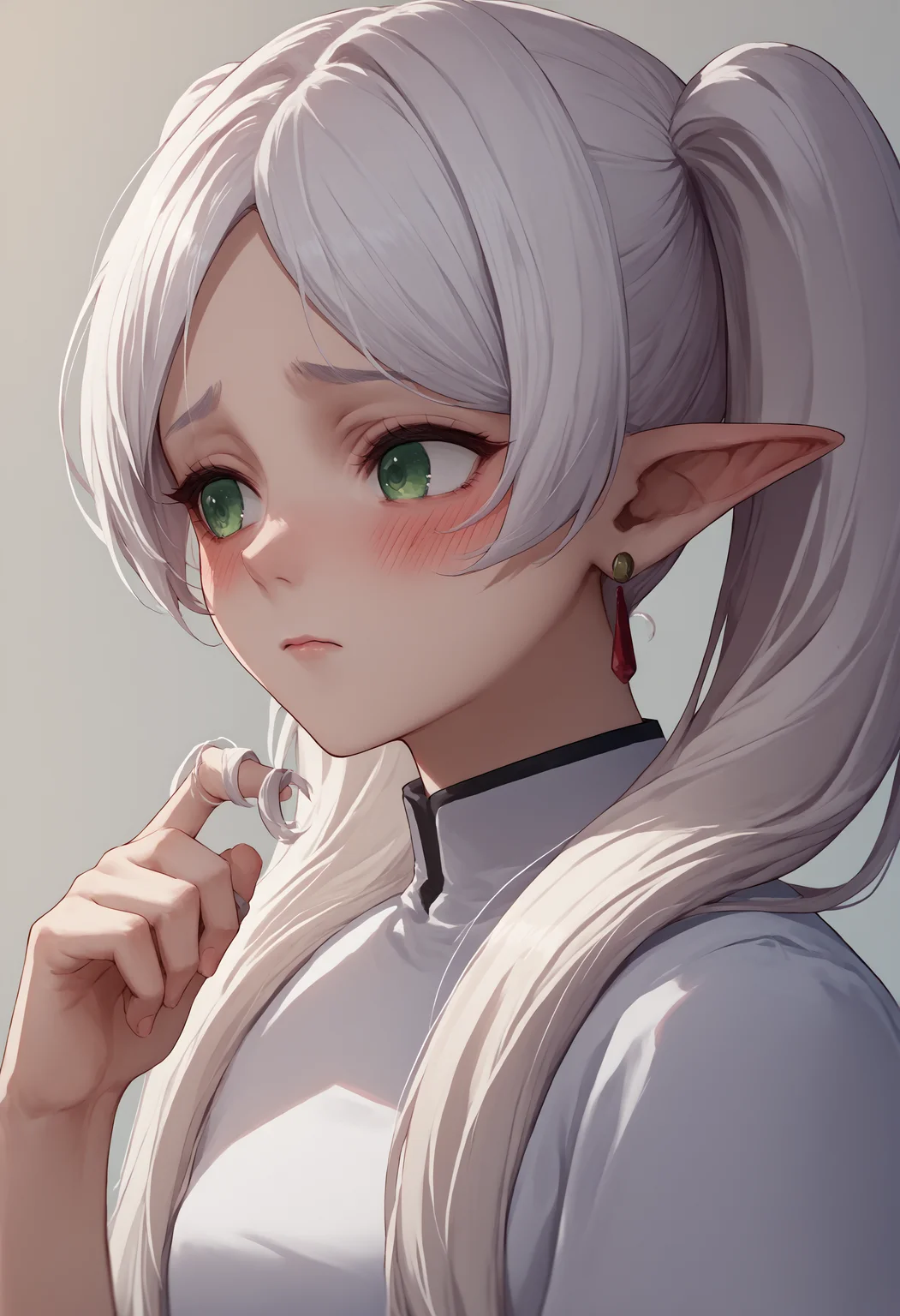 score_9, score_8_up, score_7_up, source_anime, 1girl, twirling hair, <lora:TwirlingHair_XLPD:1.2>, <lora:ChamFrierenPonyXL:0.8> Frieren, green eyes, white hair, long hair, twintails, earrings, upper body, shirt, blush, shy,