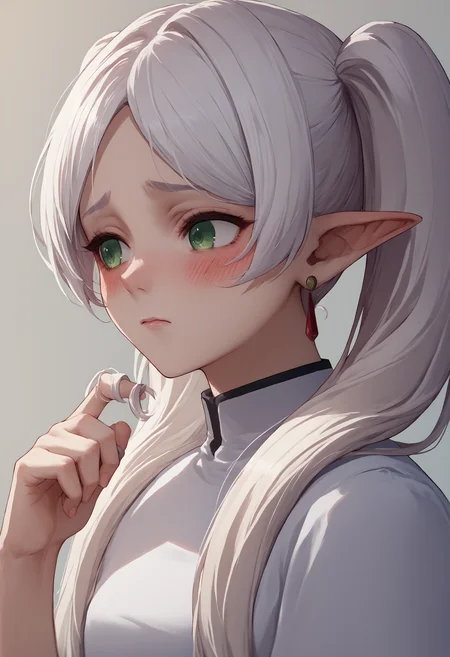 score_9, score_8_up, score_7_up, source_anime, 1girl, twirling hair, <lora:TwirlingHair_XLPD:1.2>, <lora:ChamFrierenPonyXL:0.8> Frieren, green eyes, white hair, long hair, twintails, earrings, upper body, shirt, blush, shy,