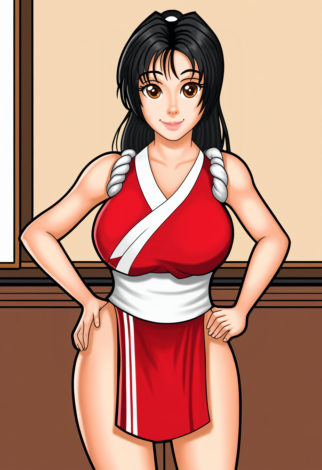 uncensored, 1girl, solo, black hair, smile, cowboy shot, hand on own hip, shiranui mai, 
indoors, bedroom,
<lora:desk_style_pony:1>desk