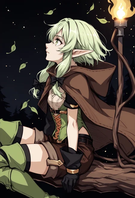 score_9,score_8_up,score_7_up, ,sketch ,
1girl, solo, from side, wind, leaves, dark, dark background, forest, sitting on branch, looking up, starry sky, torch, 
gsElf, pointy ears, green hair, green eyes, sidelocks, ponytail, black bow, brown cloak, sleeveless shirt, cross-laced shirt, single sleeve, black gloves, brown shorts, green thighhighs, brown boots,
source_anime
<lora:Yoji:0.7> <lora:gself-pdxl-nvwls-v1:1>