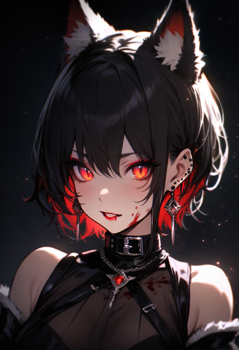 masterpiece, best quality, <lora:RECXL_ANI31_lokr_V43P1NF:0.95>  1girl, animal ears, solo, jewelry, earrings, black hair, extra ears, ear piercing, looking at viewer, blood, gloves, red eyes, black background, black gloves, piercing, short hair, portrait, cat ears, animal ear fluff, parted lips, collar, simple background, head tilt, hair between eyes, black theme, teeth, makeup, colored inner hair, slit pupils, glowing, red lips, blood on face, upper body, open mouth