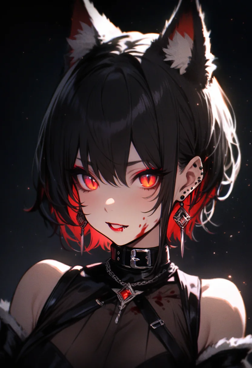 masterpiece, best quality, <lora:RECXL_ANI31_lokr_V43P1NF:0.95> 1girl, animal ears, solo, jewelry, earrings, black hair, extra ears, ear piercing, looking at viewer, blood, gloves, red eyes, black background, black gloves, piercing, short hair, portrait, cat ears, animal ear fluff, parted lips, collar, simple background, head tilt, hair between eyes, black theme, teeth, makeup, colored inner hair, slit pupils, glowing, red lips, blood on face, upper body, open mouth