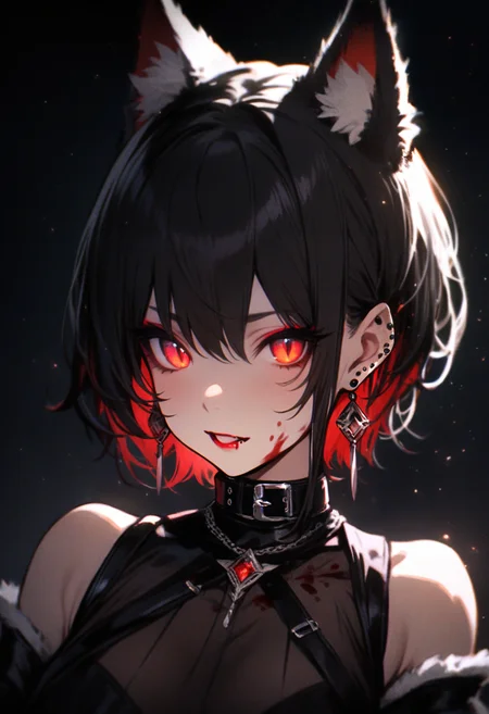 masterpiece, best quality, <lora:RECXL_ANI31_lokr_V43P1NF:0.95> 1girl, animal ears, solo, jewelry, earrings, black hair, extra ears, ear piercing, looking at viewer, blood, gloves, red eyes, black background, black gloves, piercing, short hair, portrait, cat ears, animal ear fluff, parted lips, collar, simple background, head tilt, hair between eyes, black theme, teeth, makeup, colored inner hair, slit pupils, glowing, red lips, blood on face, upper body, open mouth