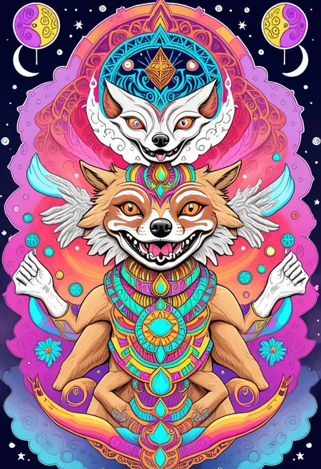 <lora:Daisy-Acid:.4> A peyote coyote dances under the moon in clouds of multicolored smoke