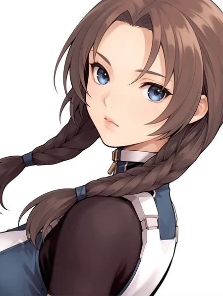 masterpiece,best quality,newest,
1girl,solo,
<lora:Mary_Appleton_ilxl_v1.0:1>,mary_a,twin braids,brown hair,blue eyes,lips,
m_suit,turtleneck,skin tight,bodysuit,crop top,short sleeves,fingerless gloves,leotard,<lora:Fixhands_anime_bdsqlsz_V1:1>,looking_at_viewer,cinematic_angle,looking_at_viewer,white_background,simple_background,upper_body,face_focus,portrait,from_back,looking_back,expressionless,