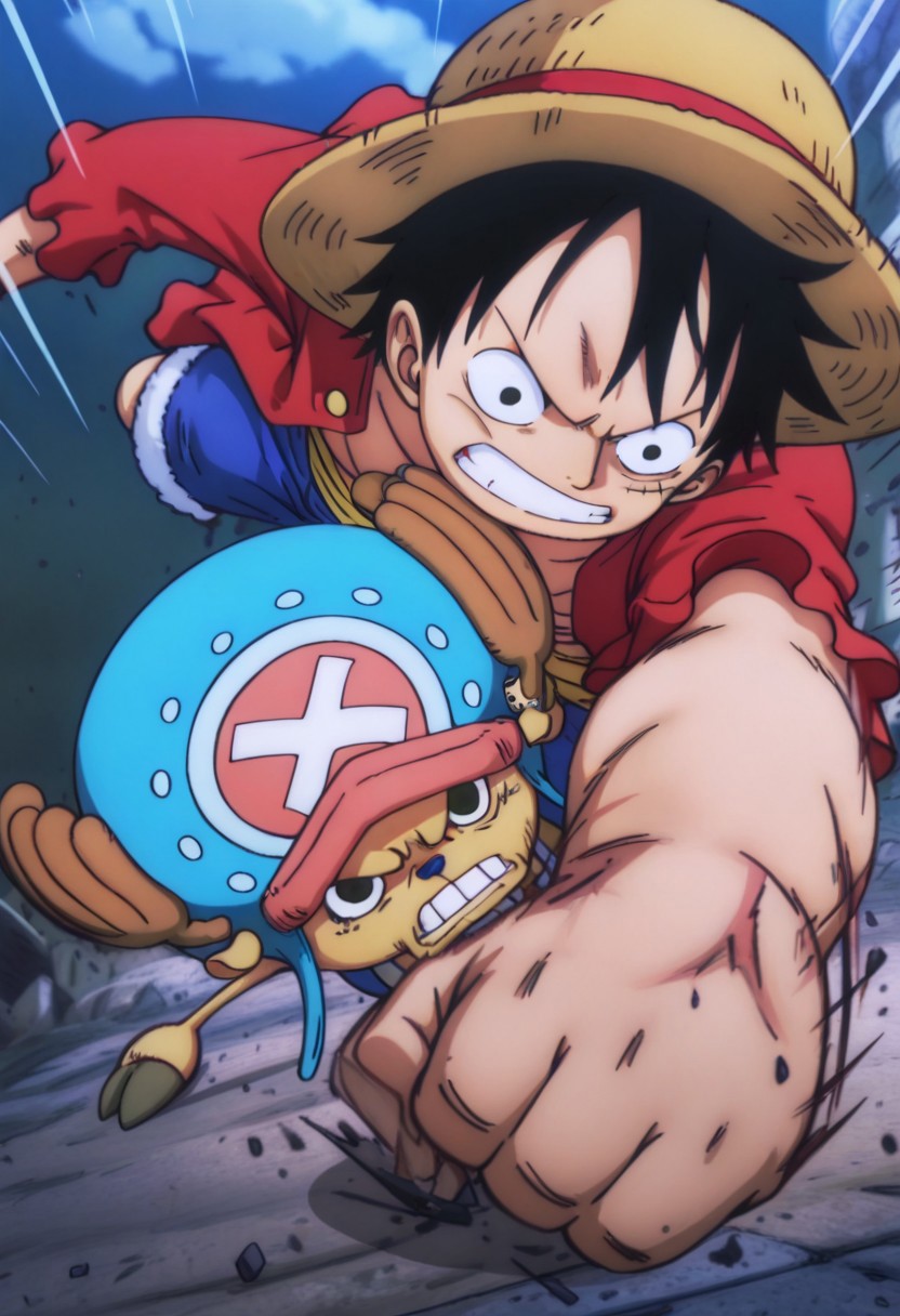 masterpiece,best quality,amazing quality, tony tony chopper, small chopper form, blue-pink hat, straw hat, luffy, 2boys, duo, punched in the face, fighting, angry, dynamic angle, punch, movement lines, epic fight