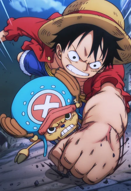 masterpiece,best quality,amazing quality, tony tony chopper, small chopper form, blue-pink hat, straw hat, luffy, 2boys, duo, punched in the face, fighting, angry, dynamic angle, punch, movement lines, epic fight