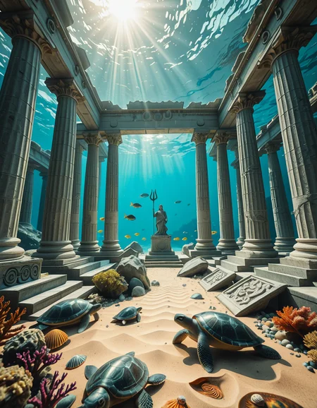 An ancient underwater Temple of Poseidon, partially buried in sand and coral at the bottom of the Aegean Sea. Massive marble columns, some broken, others still standing, encrusted with seashells and marine life. Soft sunlight filtering through the ocean surface above, casting shimmering rays over the temple ruins. Colorful fish and sea turtles swimming peacefully around. The atmosphere is mystical and serene, with a bluish-green hue dominating the scene. A statue of Poseidon with a trident stands at the center of the temple, covered in algae and marine growth. Realistic style, high detail, cinematic lighting, wide-angle view.
<lora:SDXLFaeTastic2400:0.4> <lora:extremely_detailed:0.4> extremely detailed,underwater Temple of P0s31d0n, <lora:underwater_Temple_of_P0s31d0n-i:1>, Masterpiece,best quality,hi res,8k,hi res,8k,award winning,(sharp focus, intricate, highly detailed),