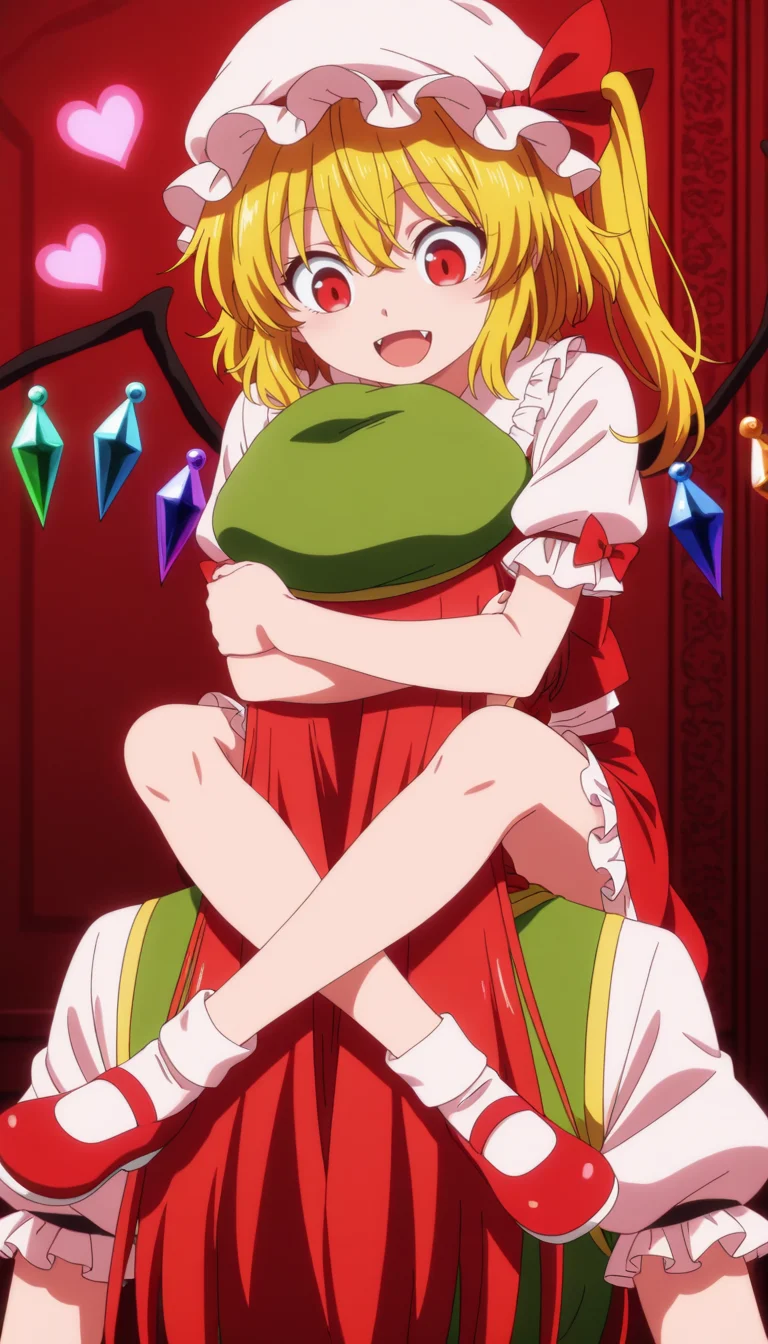 masterpiece, best quality, amazing quality, <lora:anime_screencap:1>, anime screencap, anime coloring, (vivid colors), <lora:Reverse Shoulder Carry_Illustrious:.8>, Reverse Shoulder Carry, 2girls, head lock,holding head,riding shoulder, inside mansion, red walls BREAK flandre_scarlet, touhou, 1girl, blonde_hair, red_eyes, happy, open mouth, wide eyes, (hearts), wings, hat, (looking down:1.2) BREAK hong_meiling, touhou, 1girl, red_hair, view from behind,