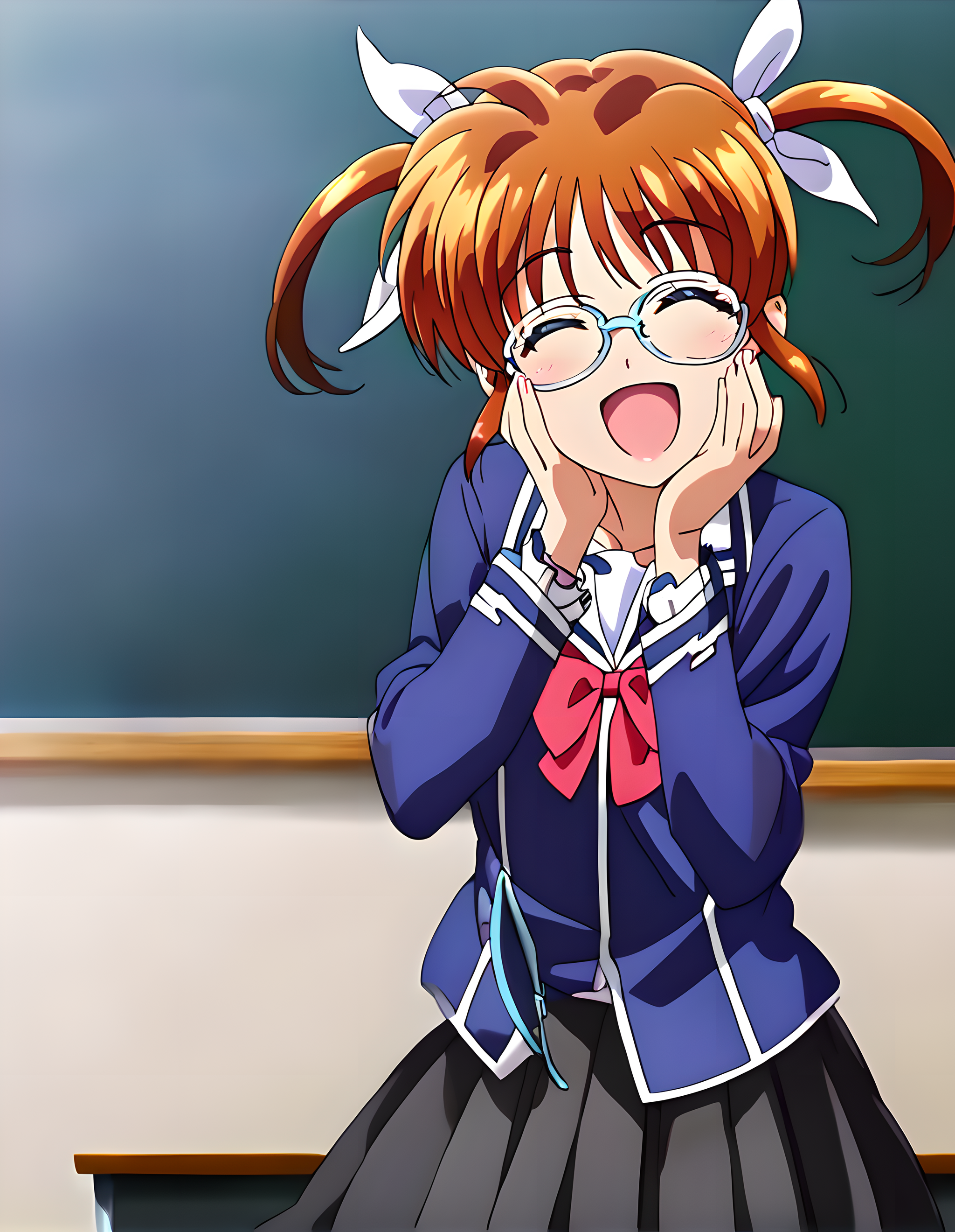 <lora:pony_xl_nanoha:1>,nanoha,1girl,solo,score_9,score_8_up,score_7_up,source_anime,best quality,masterpiece,super fine illustration,1girl,solo,glasses,school uniform,long sleeves,bow,white shirt,pleated skirt,smile,closed eyes,open mouth,light_blush,standing,hands on own face,indoor,classroom,cowboy_shot,