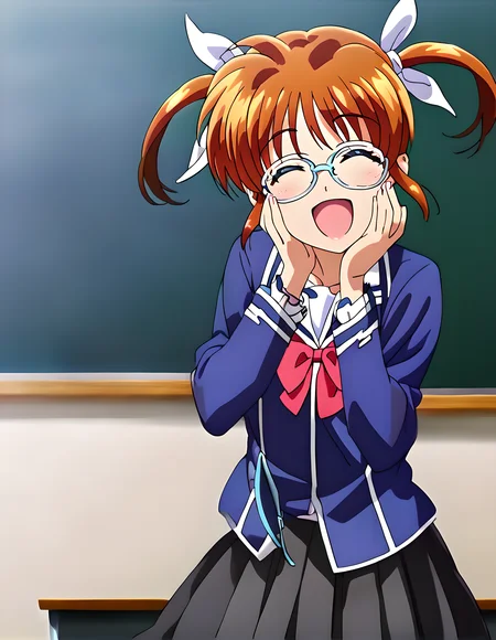 <lora:pony_xl_nanoha:1>,nanoha,1girl,solo,score_9,score_8_up,score_7_up,source_anime,best quality,masterpiece,super fine illustration,1girl,solo,glasses,school uniform,long sleeves,bow,white shirt,pleated skirt,smile,closed eyes,open mouth,light_blush,standing,hands on own face,indoor,classroom,cowboy_shot,