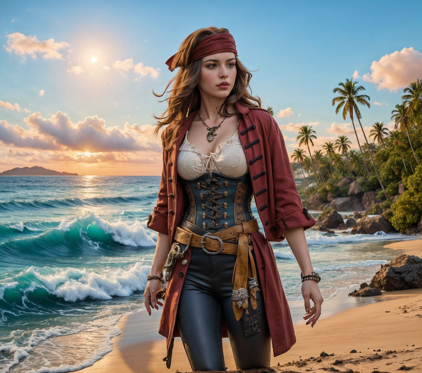 RAW photo, (masterpiece:1.3), subsurface scattering, heavy shadow, (high quality:1.4), (intricate, high detail:1.2), professional photography, HDR, High Dynamic Range, realistic, ultra realistic, photorealistic, high resolution, film photography, ambient lighting, atmospheric effects, <lora:detail_slider_v4:2>, OverallDetail, a female pirate, wearing red coat, belt, corset, shirt, black pants, jewelry, bandana, <lora:PirateGarb:0.56>, <lora:Beach:0.8>, on the beach, blue sky, cloud, island, boat, ocean, outdoors, sky, sun,