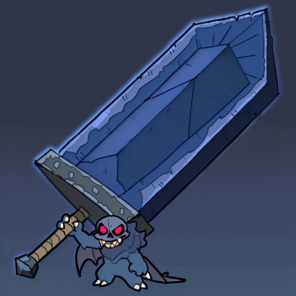 detailed, masterpiece, high quality, absurdres, solo, full body, battle pose, chibi, 
tmchng, weapon over shoulder, oversized object, huge weapon, greatsword, standing, full body, 
solomon, kaiju, demonic kaiju, no humans, humanoid, dark blue skull face, monster, dark blue fur, dark blue skin, glowing red eyes, sharp teeth, humanoid arms, sharp claws, white claws, bat wings coming out of his arms