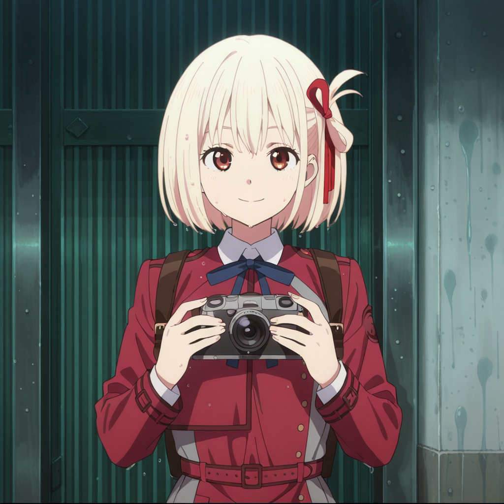 nsfw, masterpiece,best quality,amazing quality,1girl, solo, lycoris_recoil_chisato_nishikigi, blonde hair, lycoris uniform, wet, red ribbon, red eyes, ribbon, hair ribbon,short hair, bangs, red dress, two-tone dress, holding camera, dress, bob cut, smile,  looking at viewer, grey dress, neck ribbon, anime coloring,  shirt, white shirt, long sleeves, collared shirt, blue ribbon, <lora:Chisato_Nishikigi_-_Lycoris_Recoil:0.7>