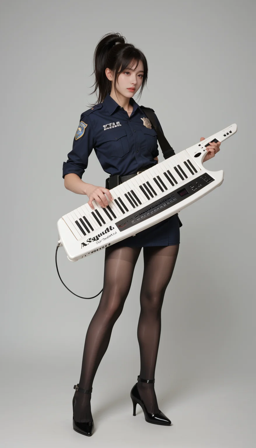 score_9, score_8_up, score_7_up,  horny , 1girl, ponytail hair, black hair, perfect lips, thick pantyhose, sexy police outfit ,   photoshoot, high heels, full body,
playing keytar, keytar,  <lora:keytar-pony-000007:0.75>