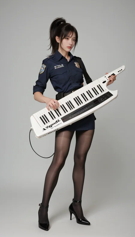 score_9, score_8_up, score_7_up, horny , 1girl, ponytail hair, black hair, perfect lips, thick pantyhose, sexy police outfit , photoshoot, high heels, full body,
playing keytar, keytar, <lora:keytar-pony-000007:0.75>