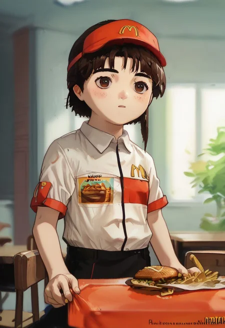 score_9, score_8_up, score_7_up, score_6, source_anime, lain, chibi, kawaii, mac, working, giving fries, standing up, mcdonald desk, mcdonald, mdonald restaurant, mac outfit, mcdonald cap