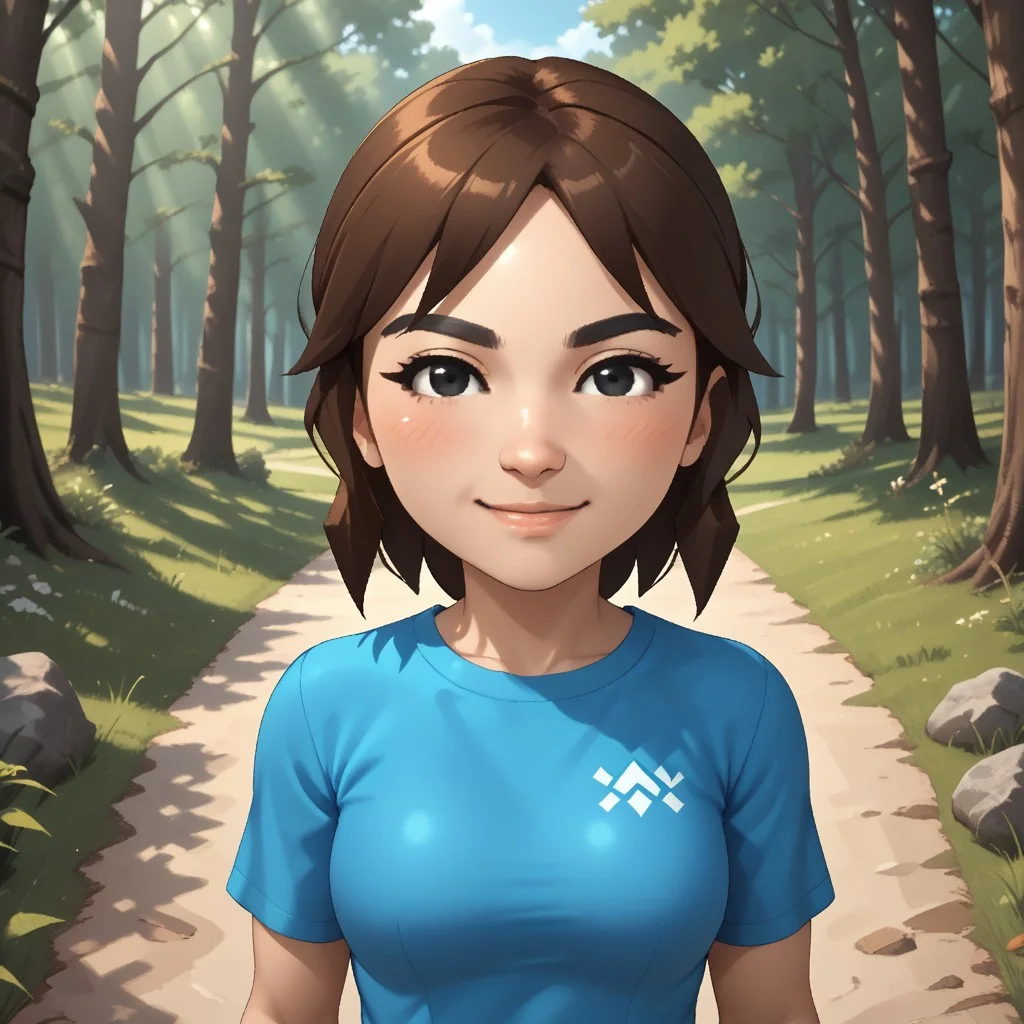 score_9, score_8, BREAK, solo, mii, wii u, wii sports club, female mii, 1girl, cute, brown hair, black eyebrows, black eyes, small nose, white skin, smile, blush, cyan clothing, white pants, shoes, breasts, Marit_(\Wii_Sports_Club\), Nintendo Mii, modern_mii, classic_mii, sexy pose, self portrait, smile, outdoors, sunlight, shadows, evening lighting, natural lighting, forest, trees, grass, orange sky, sunset