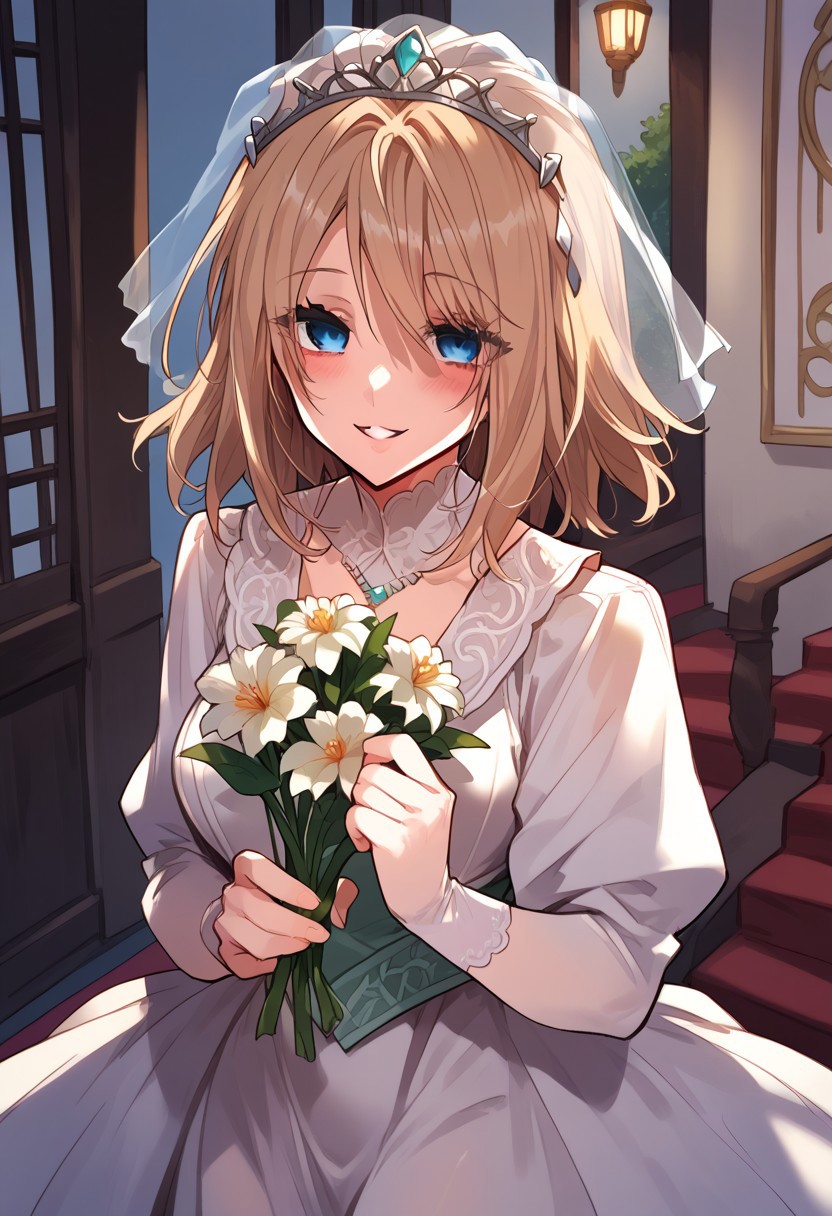 zPDXL3, score_9_up, score_8_up, score_7_up, (Anime_source), 1girl, Olivia, blue eyes, light brown hair, medium hair, bride clothes, holding banquet flower, cowboy shot, looking at viewer, empty eyes, shaded face, parted lips, blush, smile,