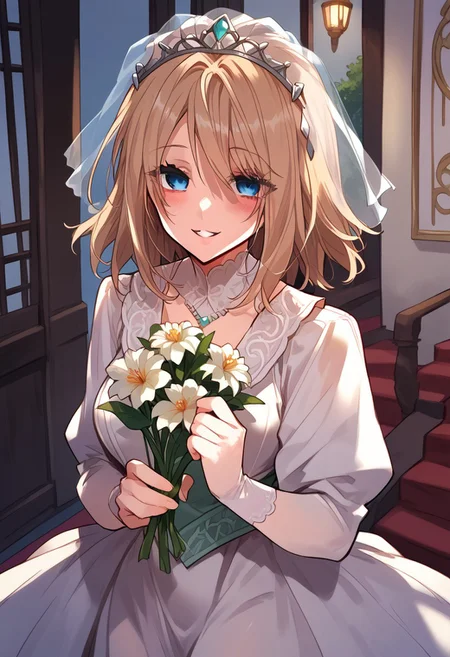zPDXL3, score_9_up, score_8_up, score_7_up, (Anime_source), 1girl, Olivia, blue eyes, light brown hair, medium hair, bride clothes, holding banquet flower, cowboy shot, looking at viewer, empty eyes, shaded face, parted lips, blush, smile,