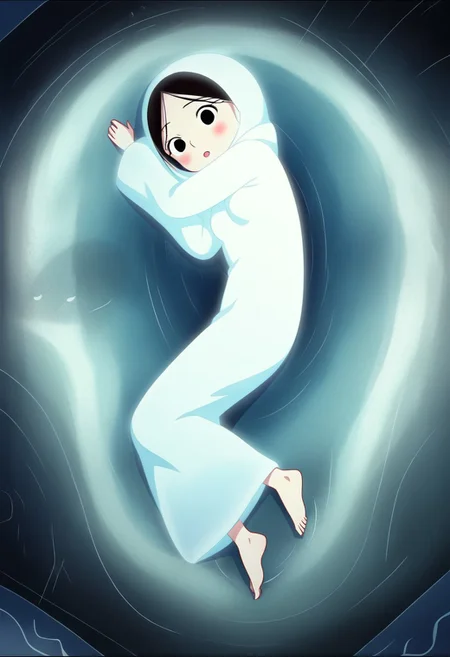 zPDXL3, source_cartoon, Perfect Hands, full body,
1girl, solo, under the sea, looking at viewer, saoirse, black hair, black eyes, blush, ghost, hood up, robe, barefoot, glowing, lying under the sea, from above, lying on side, facing at viewer, feeling cold, eyes open, peaceful emotion, open mouth, sleeve past wrist, slim body, long body, highlight cloth wrinkle, anime style, seals nearby, bubbles,
<lora:Perfect Hands:1> <lora:Saoirse_-_The_Song_of_the_Sea-000009:1>