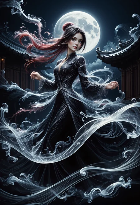 mad-wsps, xslx scribble, detailmaximizer. A half-body shot of a stunning young Asian woman, shown from the waist up as she dances under the full moon. Her long, flowing black dress swirls elegantly around her body, the fabric catching the moonlight and accented with small, intricate white embroidery along the edges of the sleeves and hem. Her deep black hair, styled in a traditional Chinese updo, flows in soft waves, with a delicate red shimmer visible as it catches the light. Behind her, the majestic, intricately carved rooftop of the ancient Chinese palace is clearly visible, with its traditional curves and ornate designs. The swirling mist surrounding the rooftop adds an air of mystery, while the moonlight bathes her figure, creating an ethereal glow., <lora:RealisticAnimeFlux_v2.safetensors:1.0:1.0> <lora:Wisps_of_Light_FLUX.safetensors:0.8:0.8> <lora:scribble-flux-v1.safetensors:1.0:1.0> <lora:aidmaImageUpgrader-FLUX-V0.1.safetensors:0.5:0.5>