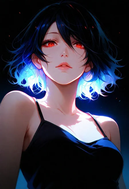 1girl,Touka Kirishima (Tokyo Ghoul), lips, thin lips, parted lips, solo, looking at viewer, camisole, upper body, dark, underlightling, masterpiece, best quality, very aesthetic