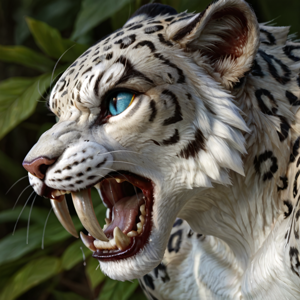safe_pos, score_9_up,score_8_up,score_7_up,score_6_up,score_5_up,score_4_up, masterpiece, high quality, digital painting, rating_explicit, source_furry, source_monster,  zPDXL3, BREAK,
portrait, side view, ((three quarter view)), close up, open mouth, roar, drool, saliva, saliva strand, blurry background, forest, bald,
saberon, anthro, cat, fur, hair, fangs, (sabertooth), ((large fangs)), tail, claws, colored sclera, blue eyes, slit pupils, snow leopard, leopard pattern, muscular,  digitigrade,((foot behind tail)),
<lora:Saberon for PonyXL:0.6>, <lora:AdvancedEnhancerXLv2:2>