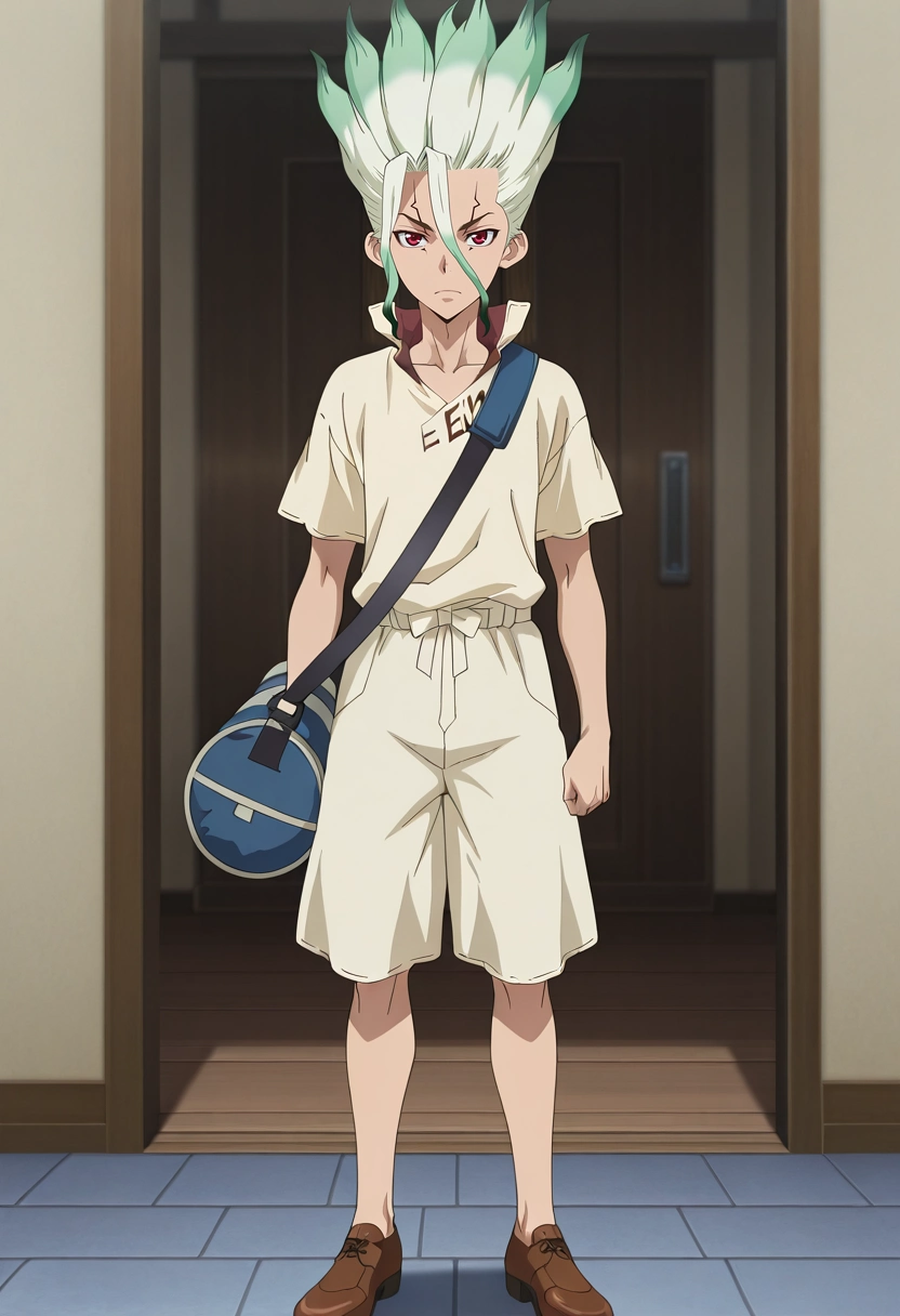masterpiece, best quality, , anime screencap, , official style, looking at viewer, 1boy, solo, male focus, <lora:senkuu_ishigami_ilxl:0.9>, senkuu_ishigami, green hair, red eyes, multicolored hair, two-tone hair, white hair, facial mark, , Linen shorts, Chambray shirt, Dress shoes, , Duffel Bag