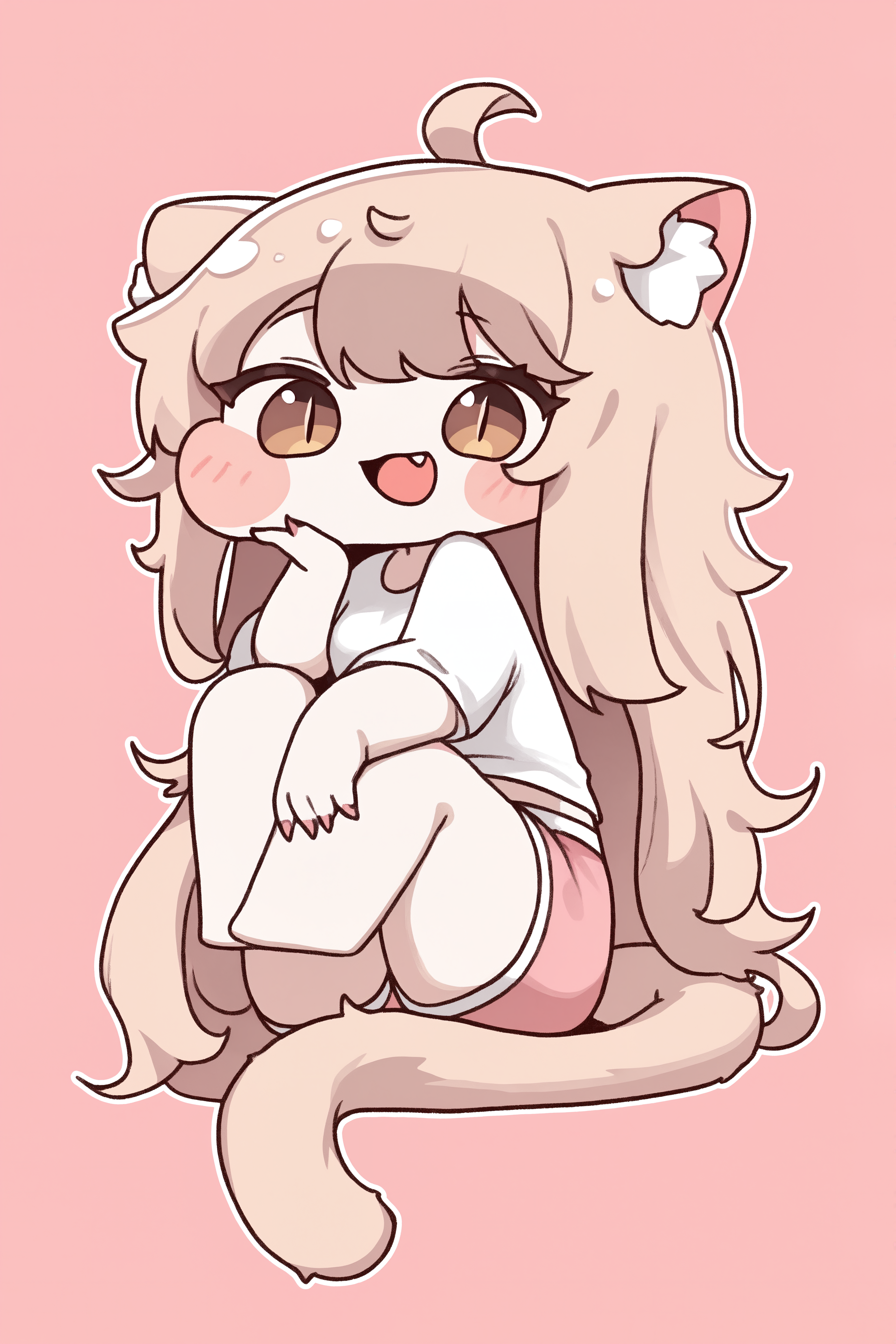 (trickcalcg, trickcal, chibi, chibi only:1.3), komi \(trickcal\), 1girl, ahoge, animal ear fluff, animal ears, brown eyes, cat ears, cat girl, cat tail, fang, fingernails, hand on own cheek, hand on own face, long hair, looking at viewer, messy hair, open mouth, pink background, pink hair, pink shorts, sharp fingernails, shirt, short shorts, shorts, simple background, sitting, slit pupils, smile, solo, tail, white shirt, 
(masterpiece, best quality, absurdres, highres, newest, very awa:1.2), 