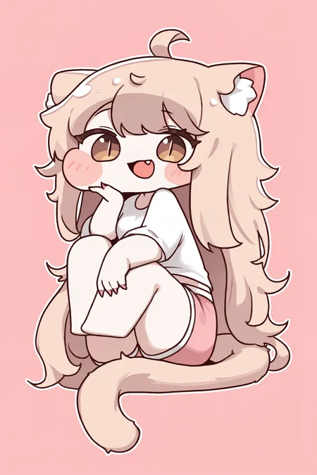 (trickcalcg, trickcal, chibi, chibi only:1.3), komi \(trickcal\), 1girl, ahoge, animal ear fluff, animal ears, brown eyes, cat ears, cat girl, cat tail, fang, fingernails, hand on own cheek, hand on own face, long hair, looking at viewer, messy hair, open mouth, pink background, pink hair, pink shorts, sharp fingernails, shirt, short shorts, shorts, simple background, sitting, slit pupils, smile, solo, tail, white shirt, 
(masterpiece, best quality, absurdres, highres, newest, very awa:1.2), 