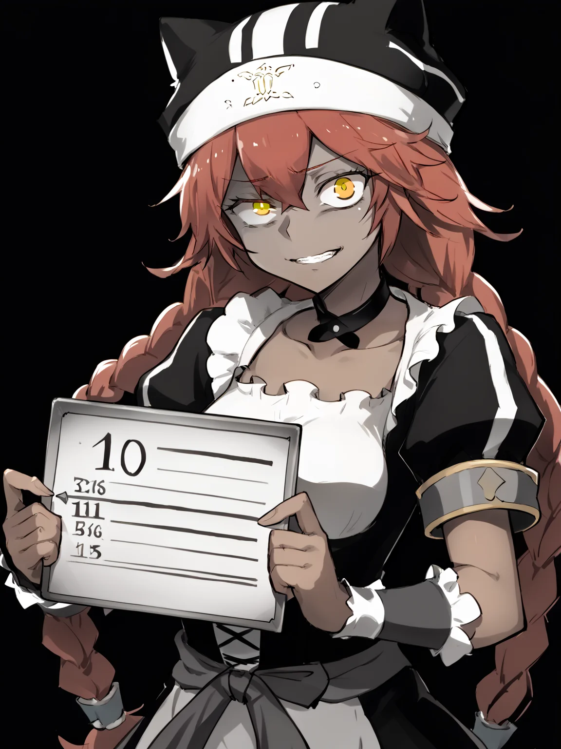score_9, score_8_up, BREAK, source_anime, monochrome, greyscale, ebiblue, gesugao, 1girl, lupusregina, red hair, long hair, twin braids, yellow eyes, dark skin, choker, dress, hat, maid, (glowing eyes:0.5), mugshot, holding sign, looking at viewer, solo, sketch, black background <lora:EbiblueXL:1> <lora:LupusReginaXL:0.9>