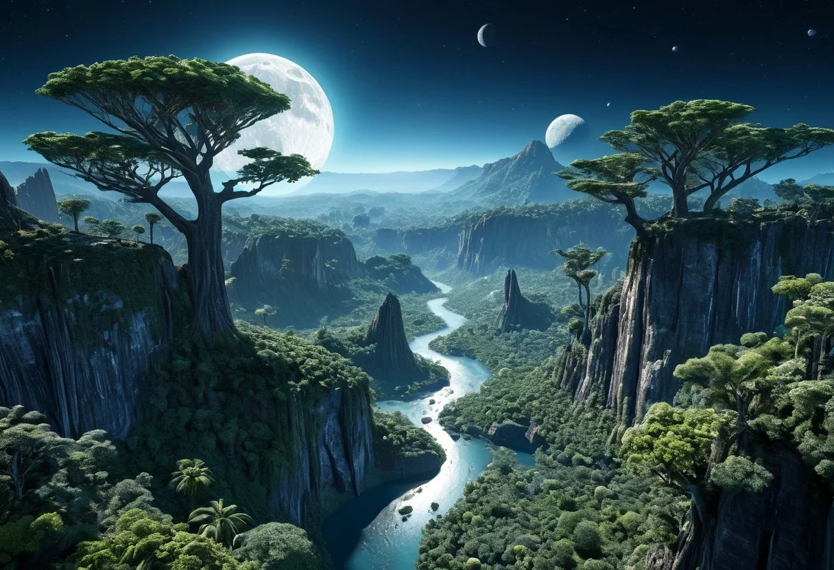 lush alien world,giant trees,aerial view,moon in low orbit,highly detailed,photorealistic,beautiful,