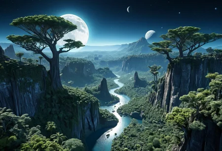 lush alien world,giant trees,aerial view,moon in low orbit,highly detailed,photorealistic,beautiful,