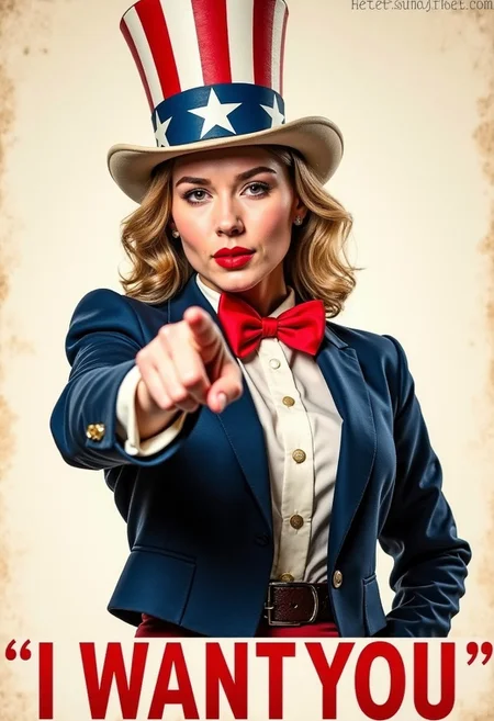 A modern reinterpretation of the classic 'Uncle Sam I Want You' poster, featuring a woman with a feminine look. She wears a patriotic red, white, and blue outfit, including a tailored jacket and a smaller top hat with a ribbon. Her facial expression is determined yet inviting, with softer, more feminine features. She extends her arm and points directly at the viewer in a classic recruitment pose. The background is minimalist, emphasizing her figure and the message. The overall style maintains the vintage patriotic feel of the original, encouraging a sense of pride and call to action.