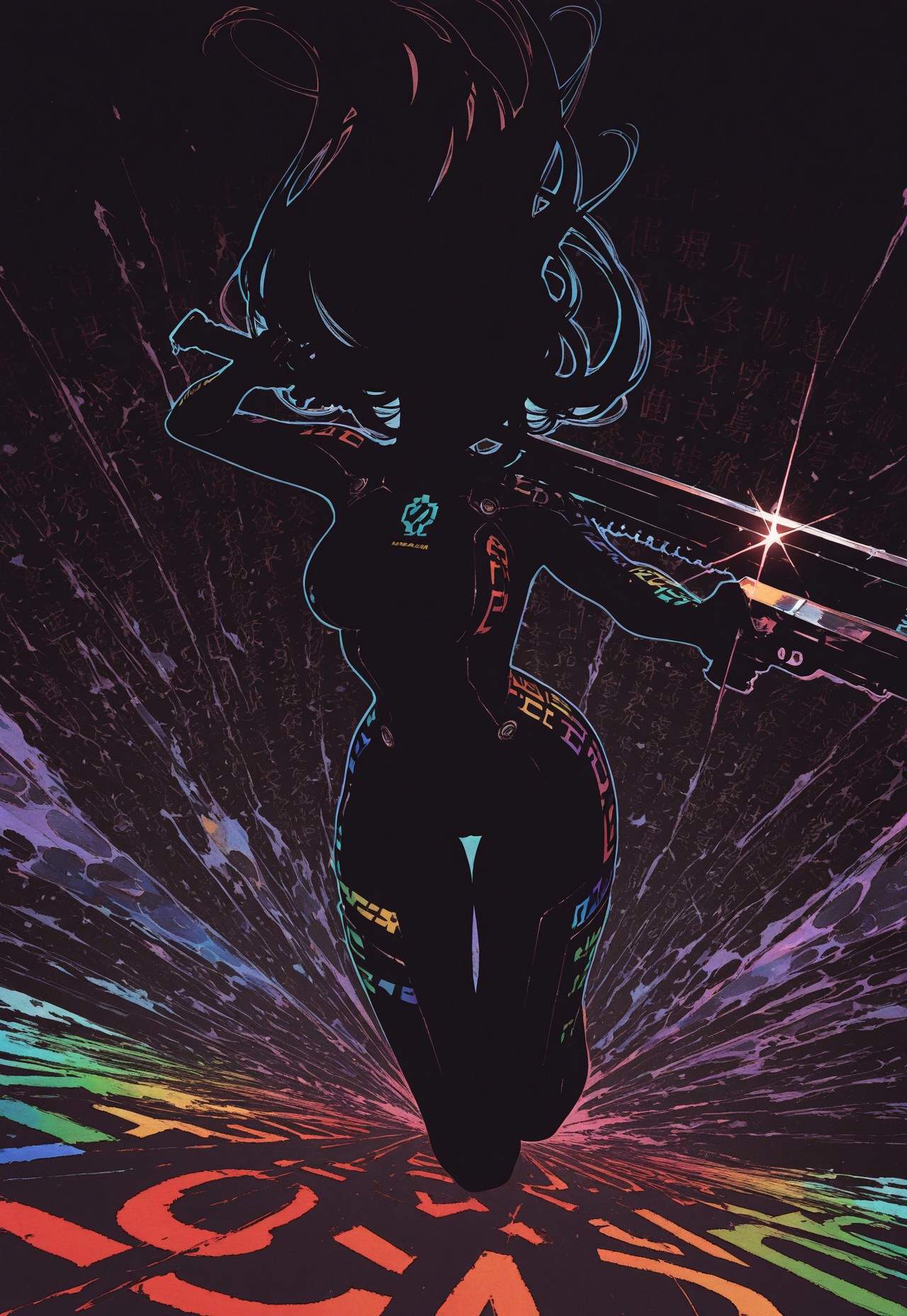 1girl, solo, long hair, medium breasts, [dual wielding], gun, sword, foreshortening, action, faceless, glint, incoming attack,
(blending), black silhouette, black hair, number print bodysuit, colored outline, number print skin,
rainbow order, number print, number pattern, print background, full composition,
(black background), yadu nadu, moshimoshibe, questionable,
best quality, absurdres, very aesthetic, [dynamic pose]