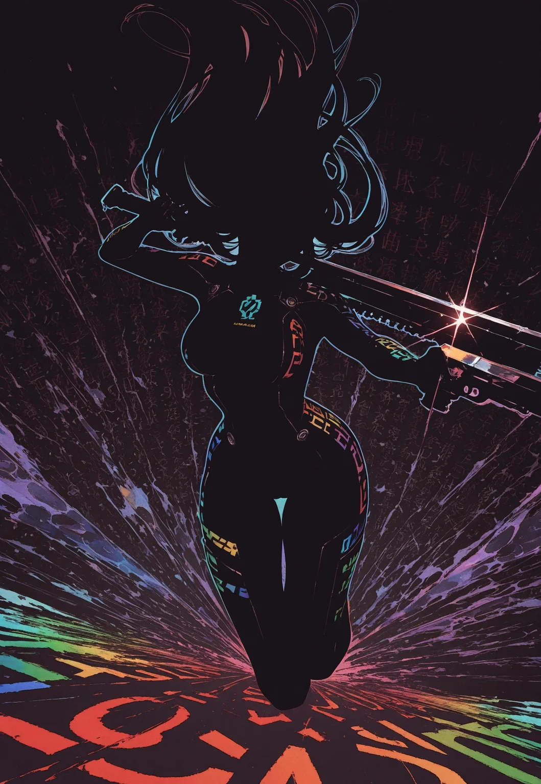 1girl, solo, long hair, medium breasts, [dual wielding], gun, sword, foreshortening, action, faceless, glint, incoming attack,
(blending), black silhouette, black hair, number print bodysuit, colored outline, number print skin,
rainbow order, number print, number pattern, print background, full composition,
(black background), yadu nadu, moshimoshibe, questionable,
best quality, absurdres, very aesthetic, [dynamic pose]