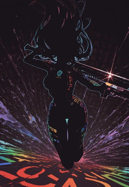 1girl, solo, long hair, medium breasts, [dual wielding], gun, sword, foreshortening, action, faceless, glint, incoming attack,
(blending), black silhouette, black hair, number print bodysuit, colored outline, number print skin,
rainbow order, number print, number pattern, print background, full composition,
(black background), yadu nadu, moshimoshibe, questionable,
best quality, absurdres, very aesthetic, [dynamic pose]