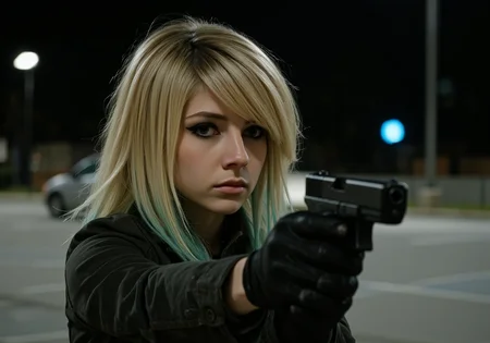 side profile upper body shot Candid amateur photograph with slightly overexposed flash of A young woman in a parking lot at night She has a distinctive 2000s scene/emo haircut: thick, sharply angled bangs sweeping across one eye, with voluminous layers cascading past her shoulders and long sidelocks resting in front of them. Her hair is sandy beige with faded turquoise tips. Her intense gaze is framed by dramatic black winged eyeliner. she is aiming a matte black G17Model Glock Pistol in a parking lot at night<lora:Glock (G17)_epoch_12.safetensors:1.0:1.0> <lora:2000s_Scene_Emo_Hair.safetensors:1.0:1.0>