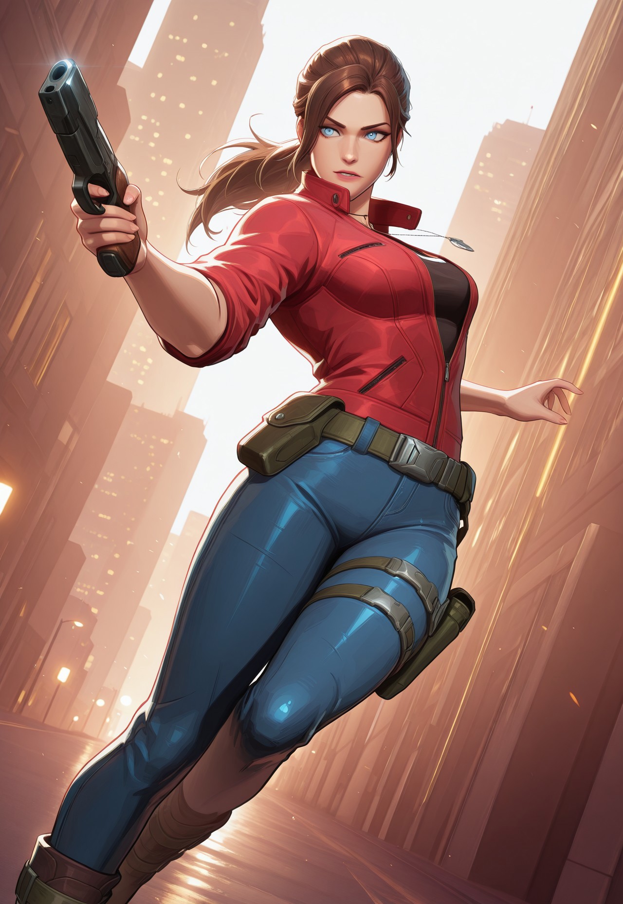 (score_9, score_8_up:1.1), score_7_up, 8k, masterpiece, high quality, extremely detailed, MarvelRivals, semi realistic, cartoon, <lora:AMarvelRivals_style-06:1>, cl4ire, medium breasts, blue eyes, brown hair, long hair, ponytail, necklace, red jacket, partially unzipped, sleeves rolled up, black tank top, jeans, boots, utility belt, holster, thigh strap, cold soft lighting, shiny skin, perfect reflection, perfect lighting, perfect shadows, perfect anatomy, perfect chest, perfect hips, perfect legs and feet, perfect hands, perfect face, perfect eyes, perfect waist, perfect body, perfect face shape, perfect mouth, perfect hair, perfect waist, best quality, detailed hair, expressive eyes, sexy, long legs, slim body, (cityscape sunny,), dynamic pose, action, action pose, action scene, holding gun, handgun, side view, dutch angle,