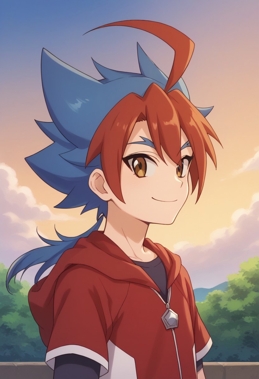 score_9, score_8_up, score_7_up, source_anime, highly detailed, 
yugamikado, male focus, 1boy, gloves, solo, blue hair, ahoge, ponytail, red hair, multicolored hair, two-tone hair, smile, spiked hair, hoodie, red hoodie, hood, zipper pull tab, bangs, brown eyes, looking at viewer, standing, short sleeves, shirt, black shirt, upper body, smile, portrait,
outdoor, sky, cloud, tree